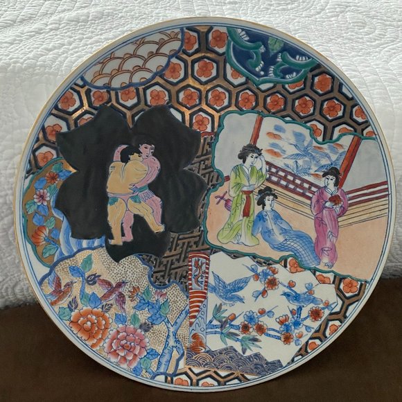 Rose medallion Asian Antique Hand Painted Gold Gilt Porcelain 12" Charger Platte